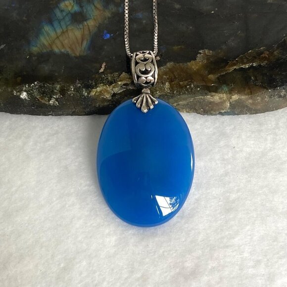 Sterling Silver 925 Oval Blue Chalcedony Quartz Scrollwork Pendant Necklace 20" - Picture 5 of 16
